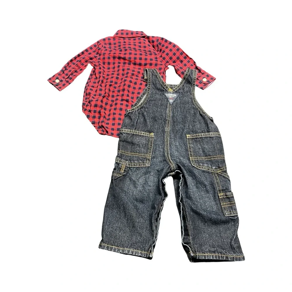OshKosh Bgosh Boys 9M Red Plaid Bodysuit and Denim Overalls Set Engineer‎ Crew